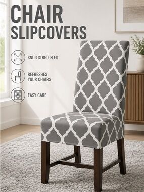 Set of 4 Gray & White Stretch Dining Chair Slipcovers – High Back Chair Covers